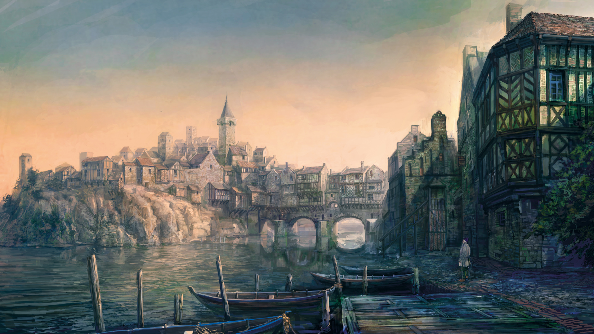 Обои Ведьмак, cd projekt, городской пейзаж, город, живопись в разрешении 1920x1080