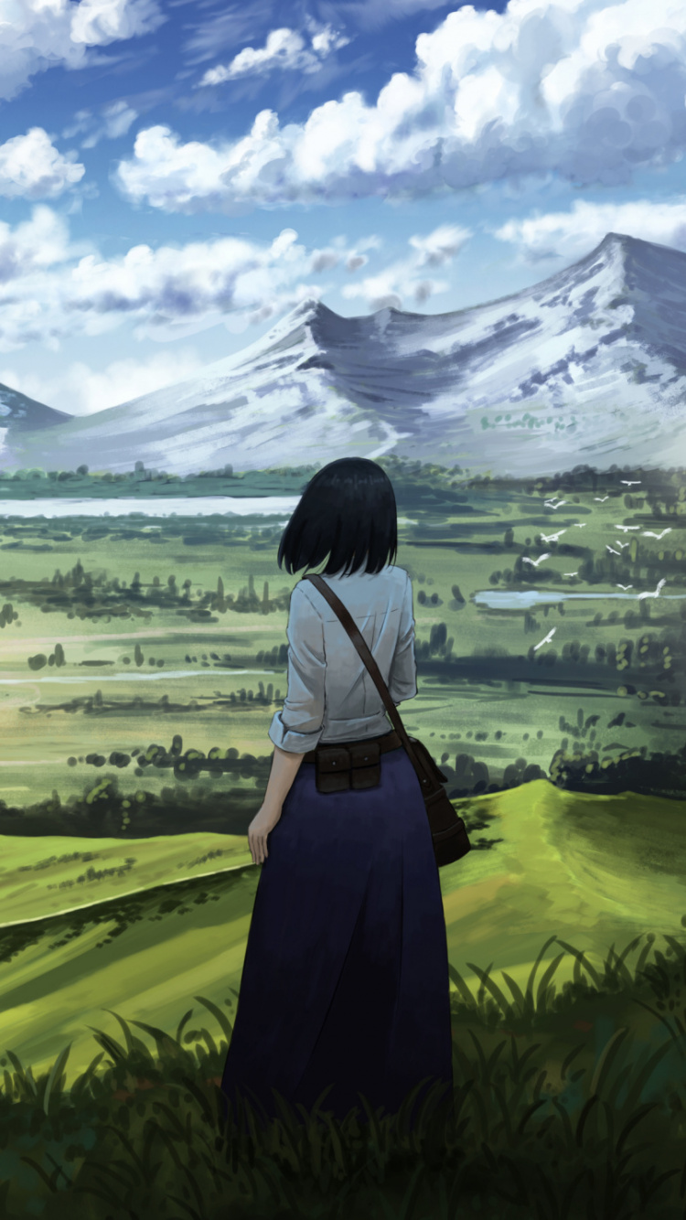 Обои аниме, природа, сенокосное угодье, нагорье, горный рельеф в разрешении 750x1334