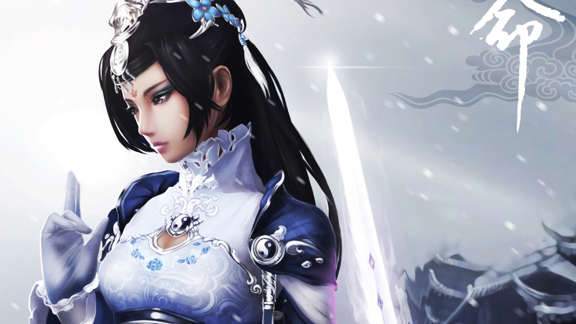 Обои костюм, каштановые волосы, снег, девушка, меч в разрешении 1920x1080