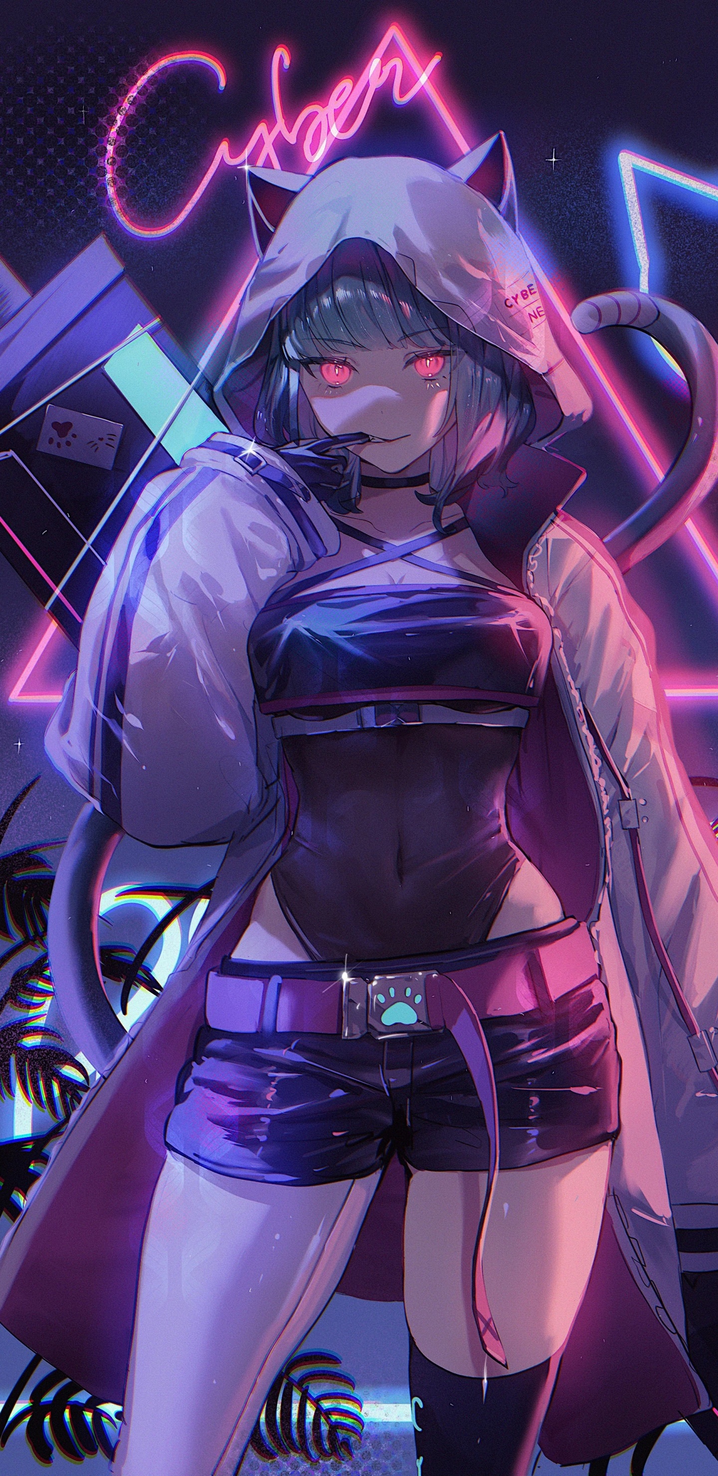 Обои кибер неко, аниме арт, мультик, мультфильм, пурпур в разрешении 1440x2960