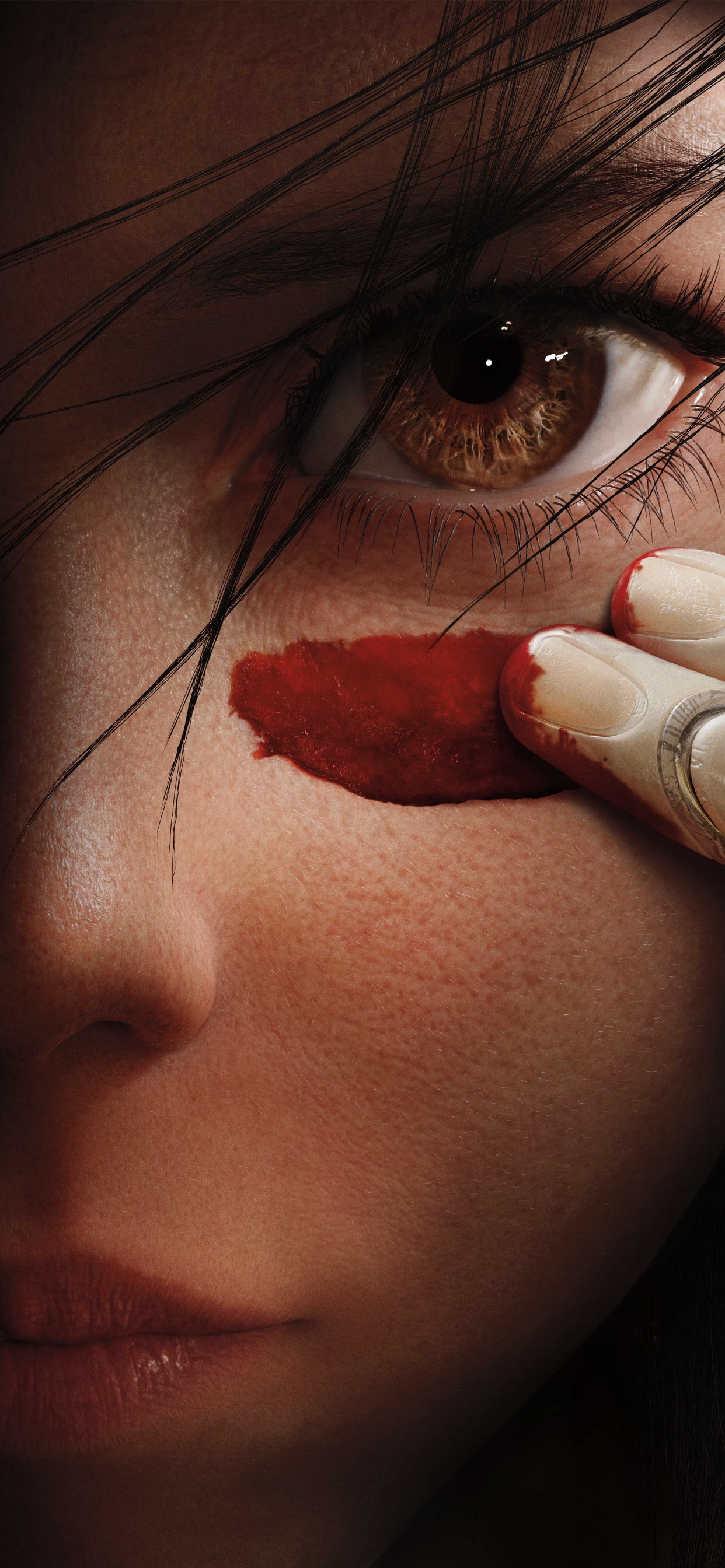 Обои Боевой Ангел Алита, лицо, губа, нос, красный цвет в разрешении 1242x2688