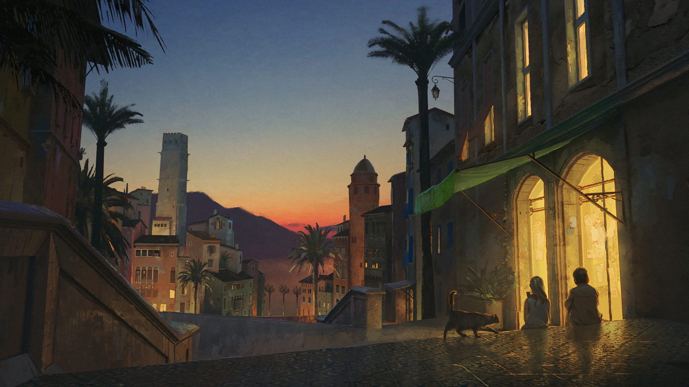 Обои его темные материалы читтагацце лира встречает Уилла, Его Темные Материалы, фэнтези, арт, городок в разрешении 1366x768