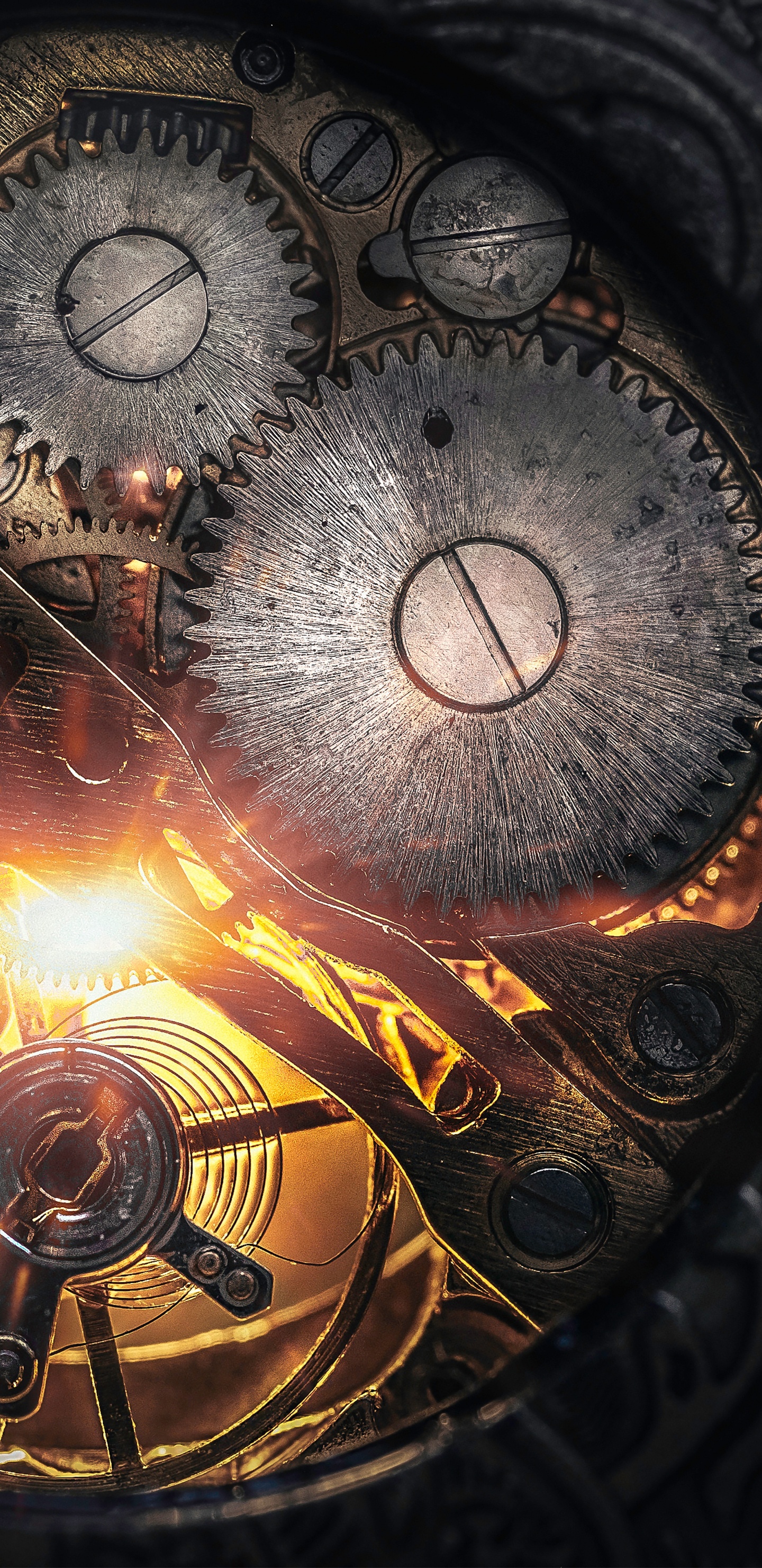 Обои часы, арт, фрактальное искусство, круг, металл в разрешении 1440x2960