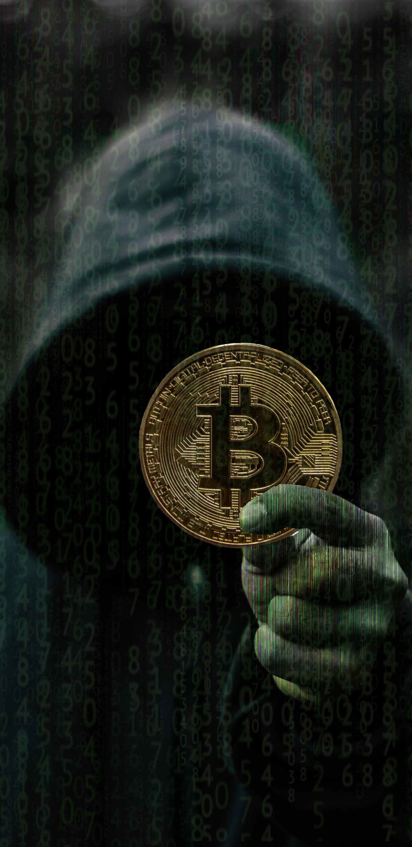 Обои биткоин, Криптовалюта, темнота, дерево, Цифровой композитинг в разрешении 1440x2960