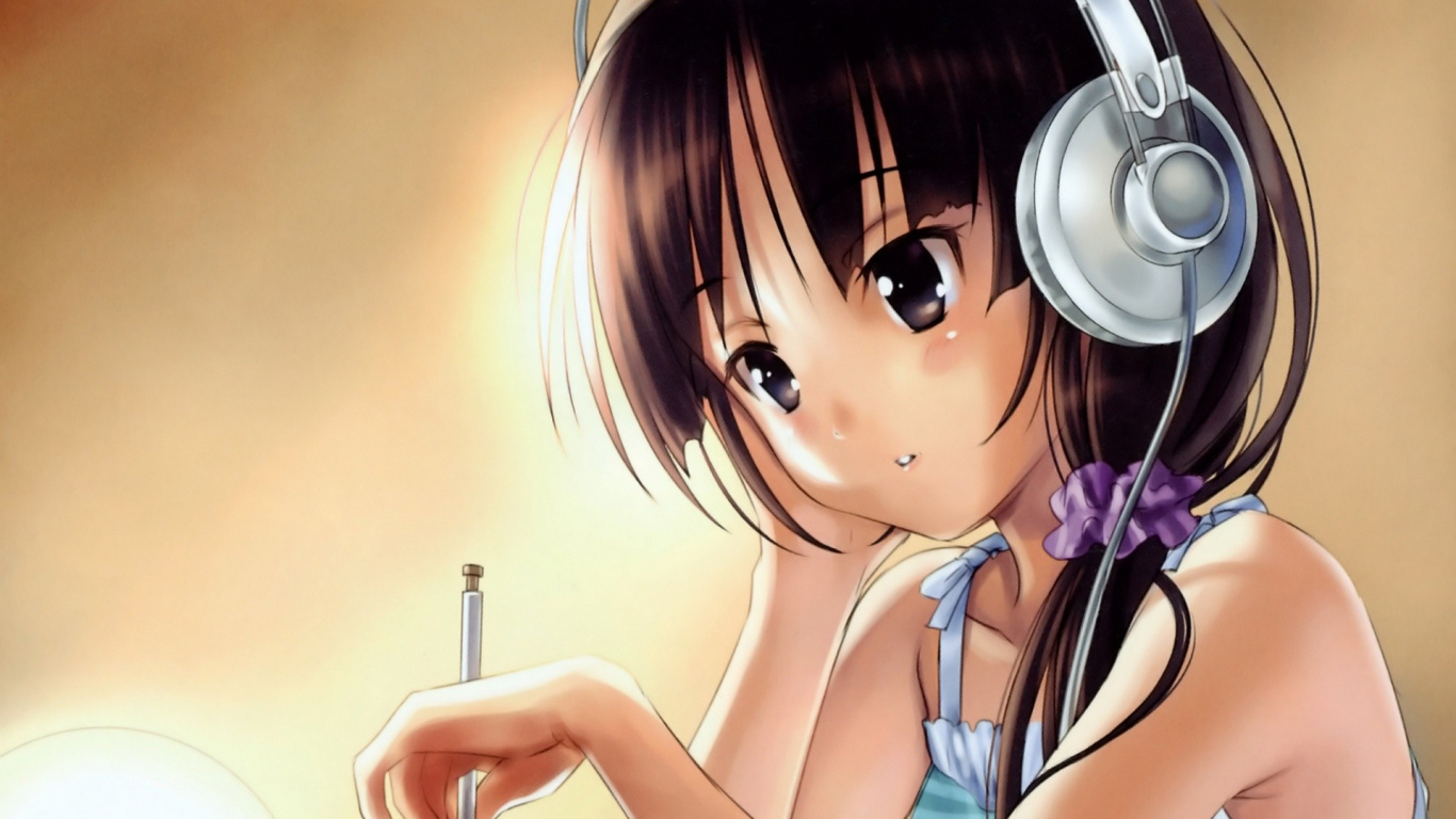 Обои аниме, мультфильм, рисование, звуковое оборудование, наушники в разрешении 1366x768