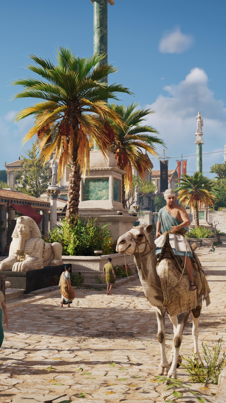 Обои assassins creed origins, ubisoft, люди, городок, туризм в разрешении 720x1280