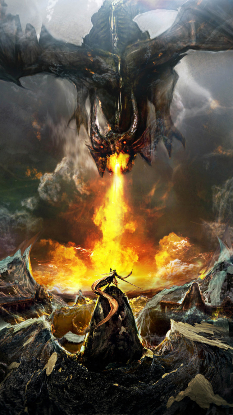 Обои дракон, фэнтези, мифология, пламя, чудовище в разрешении 750x1334