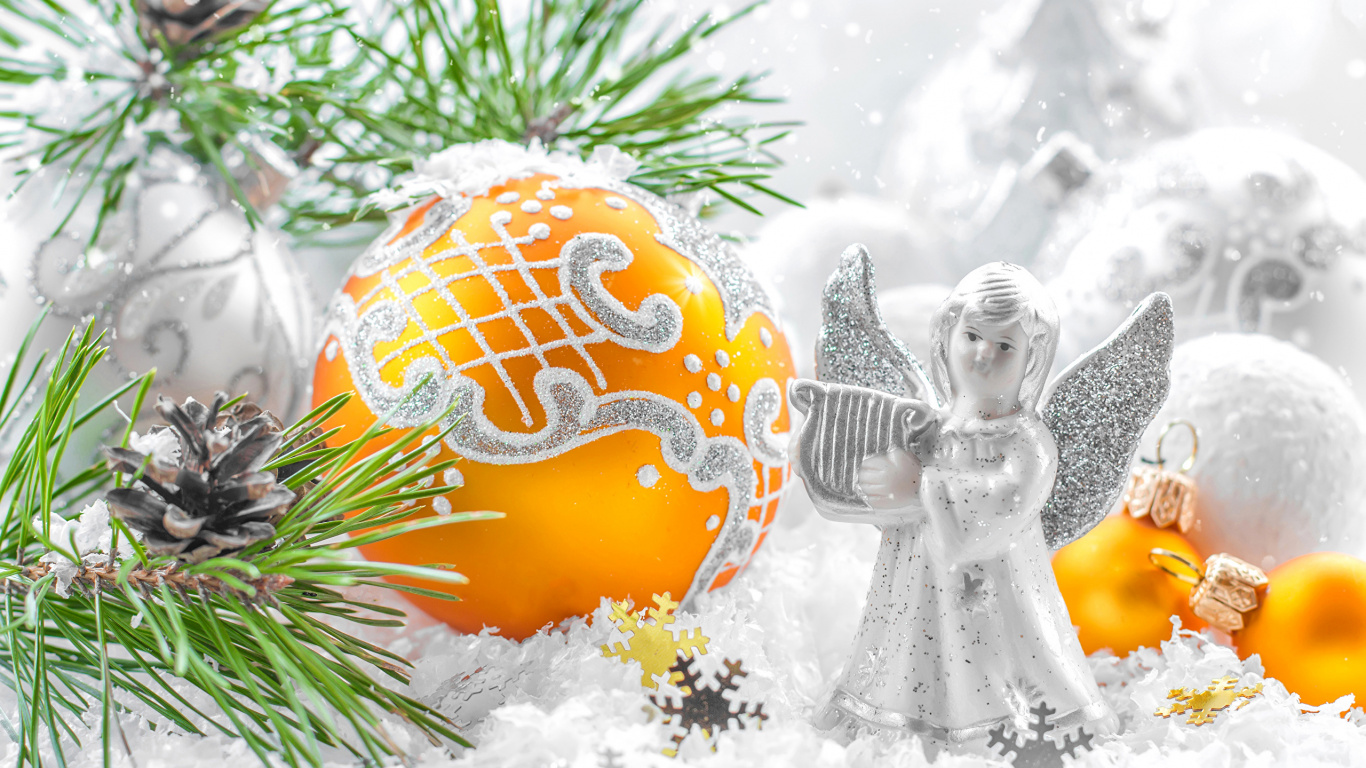 Обои Рождественский день, рождественский орнамент, Рождественские украшения, Новый год, ветвь в разрешении 1366x768