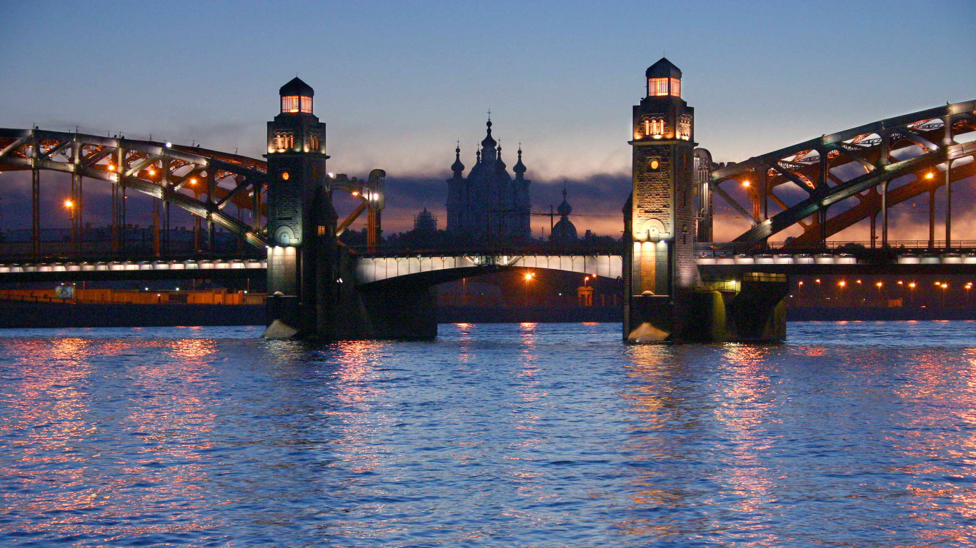 Обои мост Петра Великого, достопримечательность, мост, вода, ориентир в разрешении 1366x768