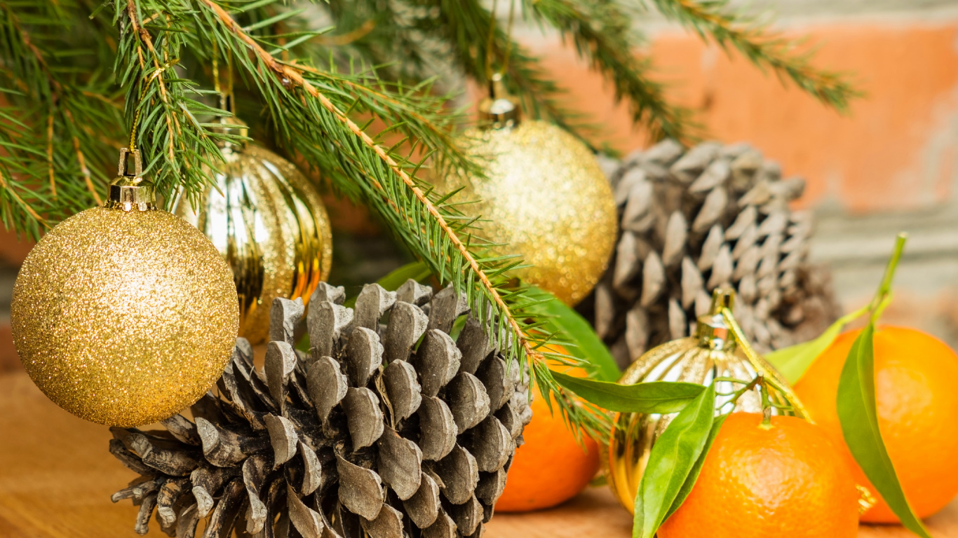 Обои Новый год, Рождественский день, рождественский орнамент, Рождественские украшения, елка в разрешении 1366x768