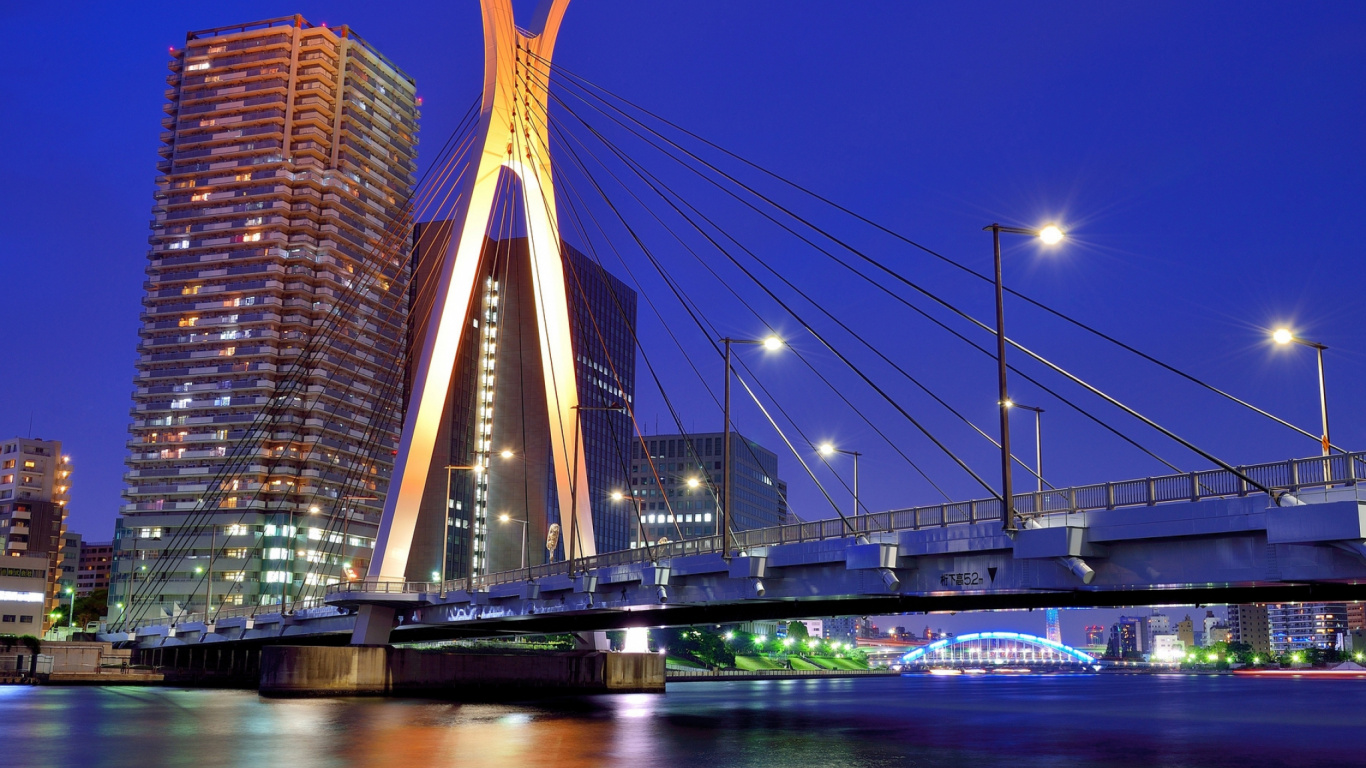 Обои вантовый мост, мост, городской пейзаж, ориентир, город в разрешении 1366x768