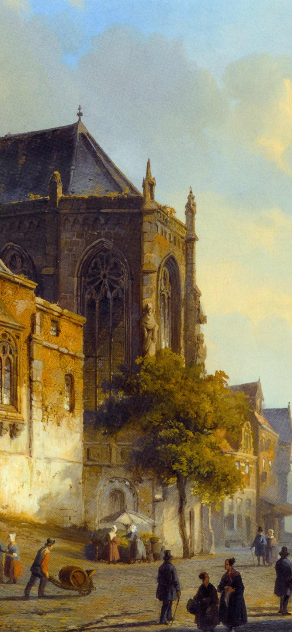 Обои городская площадь, городок, живопись, арт, акварельные краски в разрешении 1242x2688