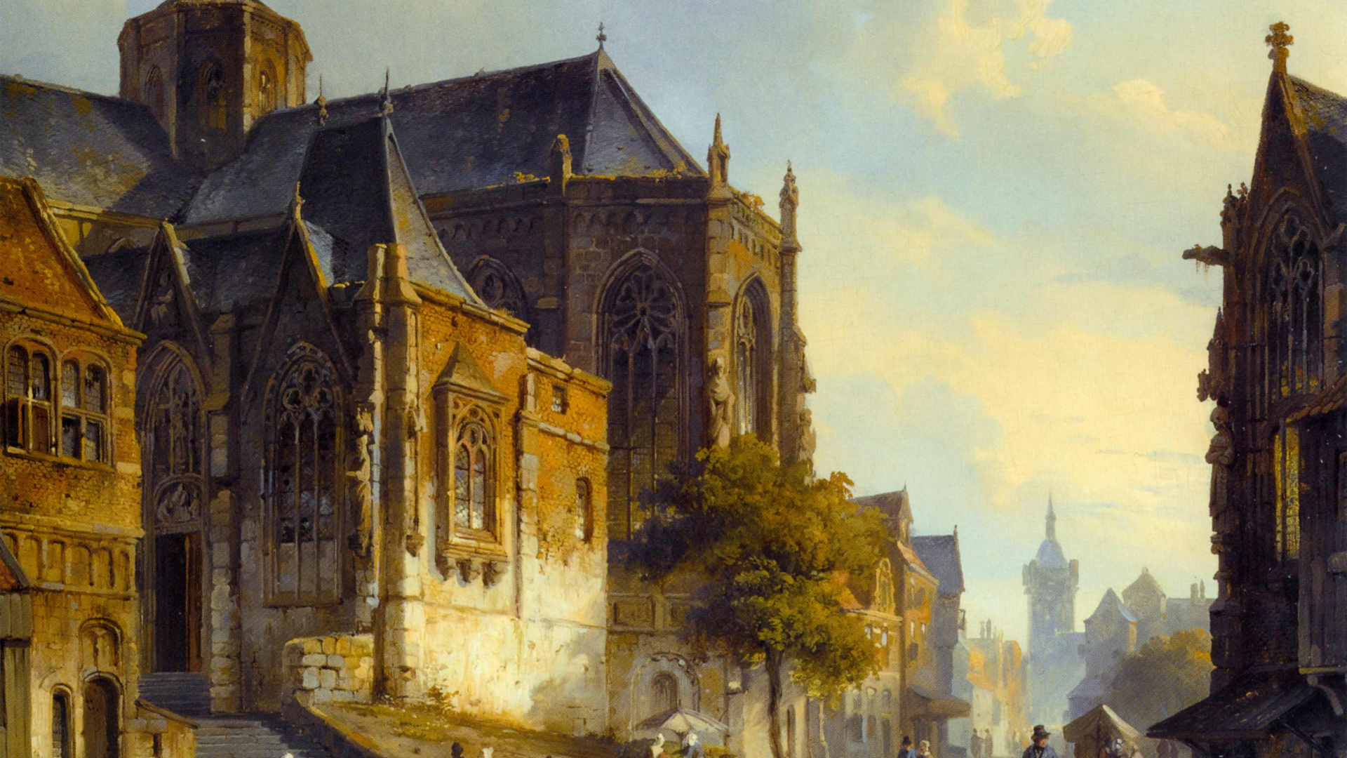 Обои городская площадь, городок, живопись, арт, акварельные краски в разрешении 1920x1080