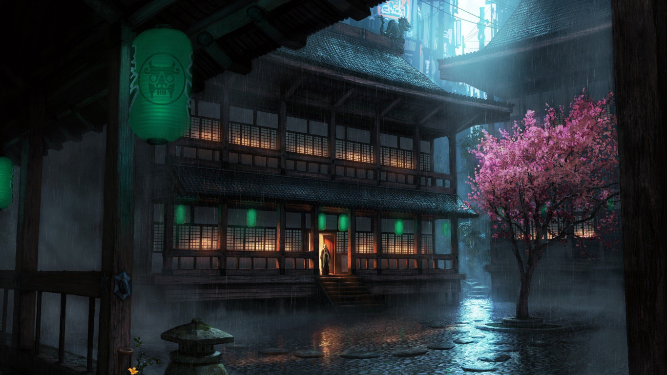 Обои цветение вишни, свет, архитектура, вода, ночь в разрешении 1366x768