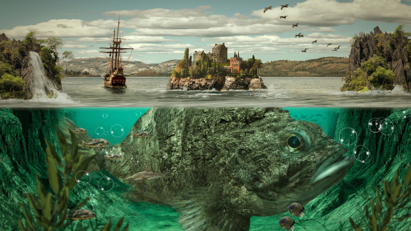 Обои вода, арт, облако, гидроресурсы, зеленый в разрешении 1366x768