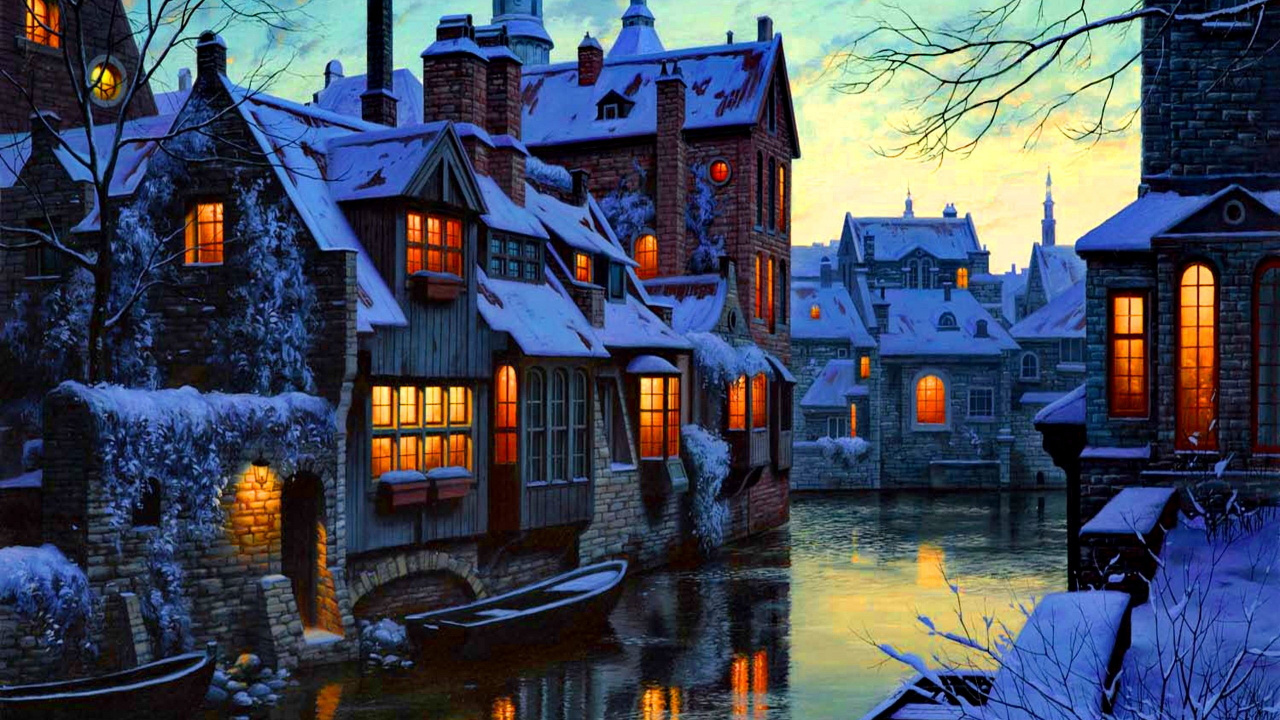 Обои вода, водный путь, городок, отражение, вечер в разрешении 1280x720