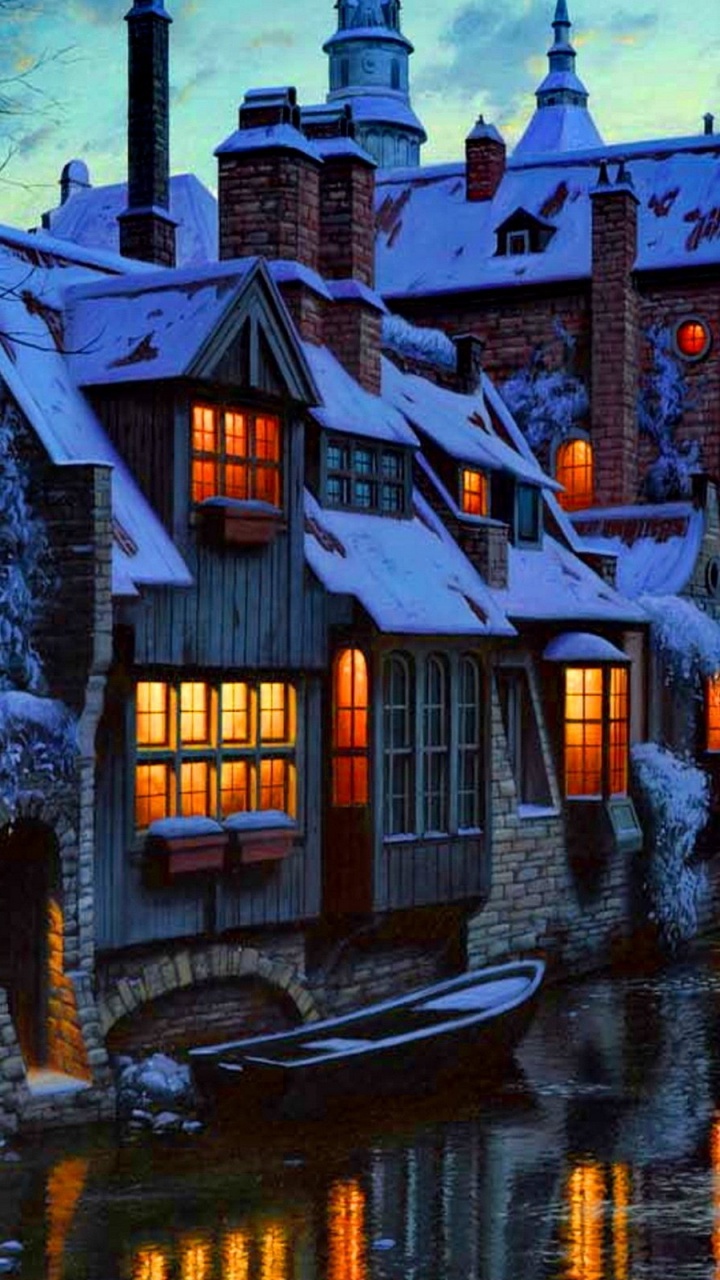 Обои вода, водный путь, городок, отражение, вечер в разрешении 720x1280