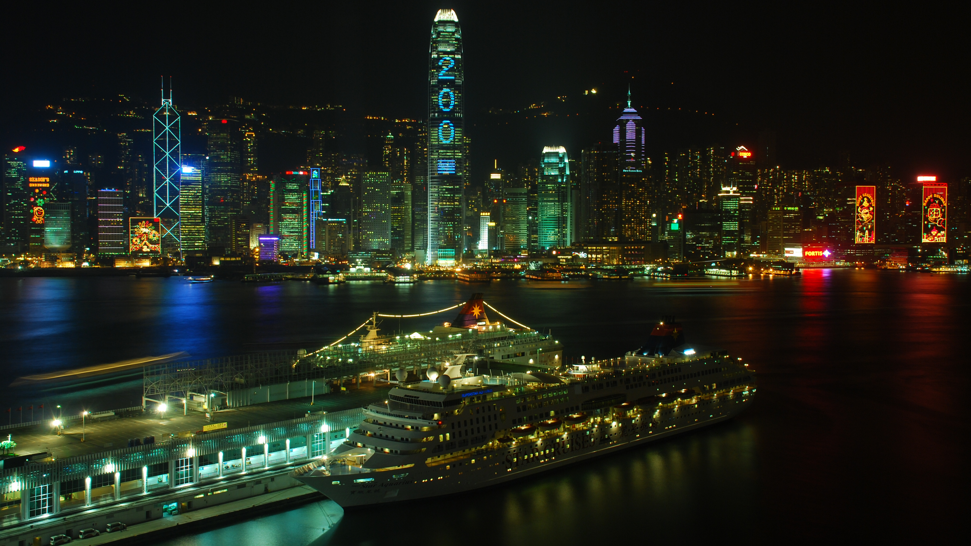 Обои Гавань Виктория, город, городской пейзаж, ночь, метрополия в разрешении 3840x2160