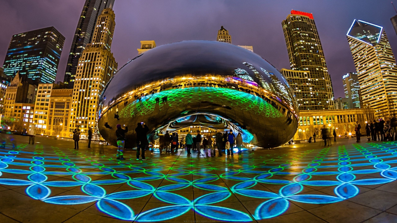 Обои парк тысячелетия, Облачные ворота, ориентир, город, ночь в разрешении 1366x768