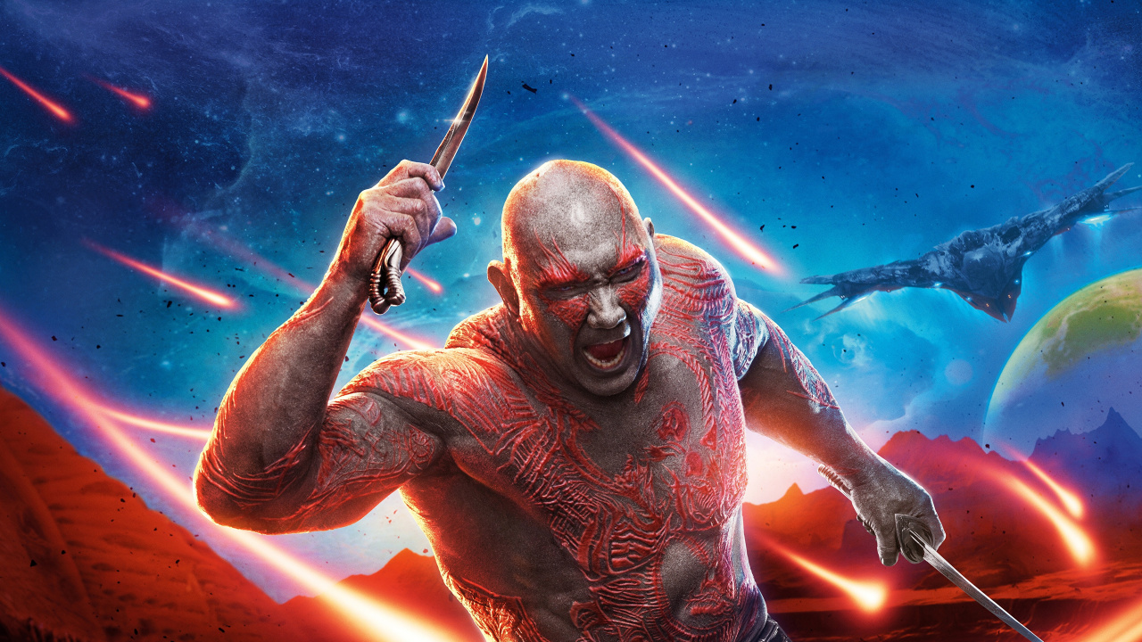 Обои Дракс Разрушитель, Стар-Лорд, Гамора, marvel, арт в разрешении 1280x720