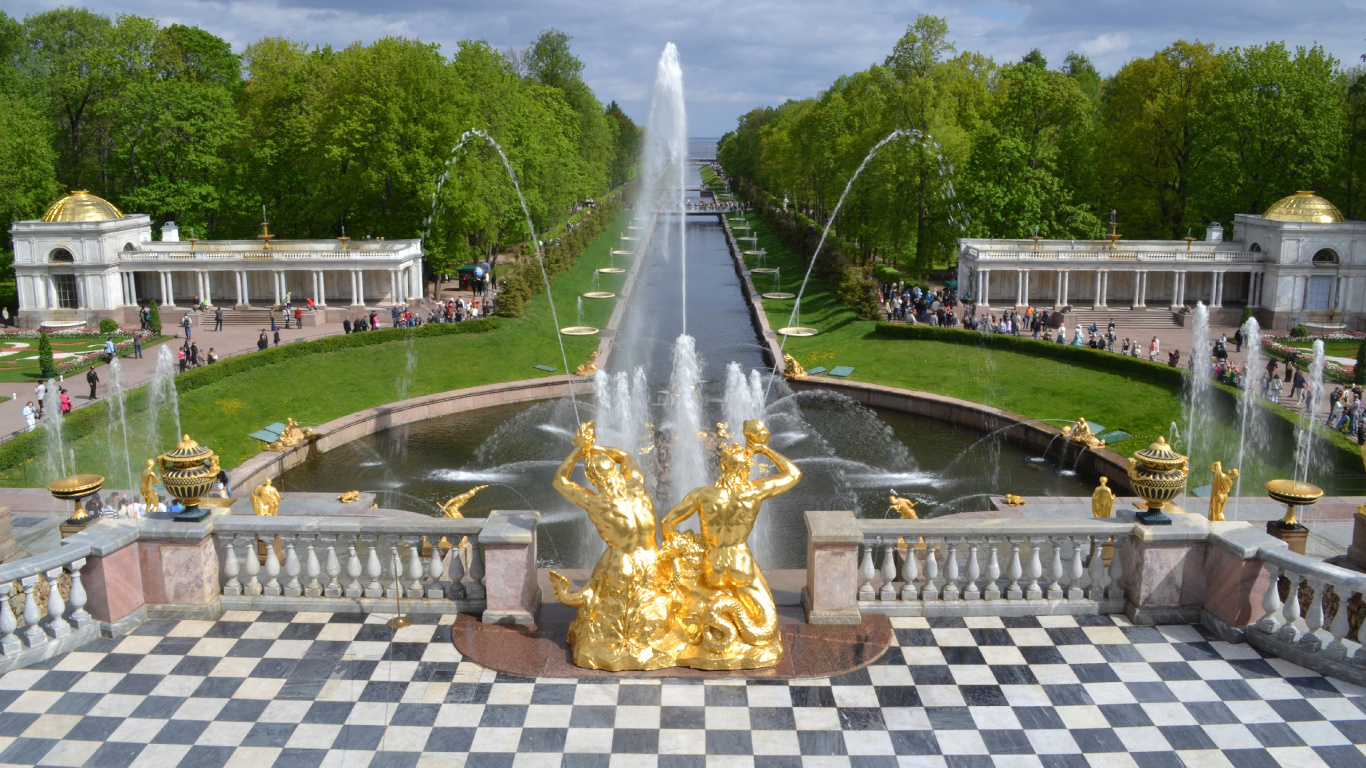 Обои достопримечательность, фонтан, водные элементы, городская площадь, дворец в разрешении 1366x768