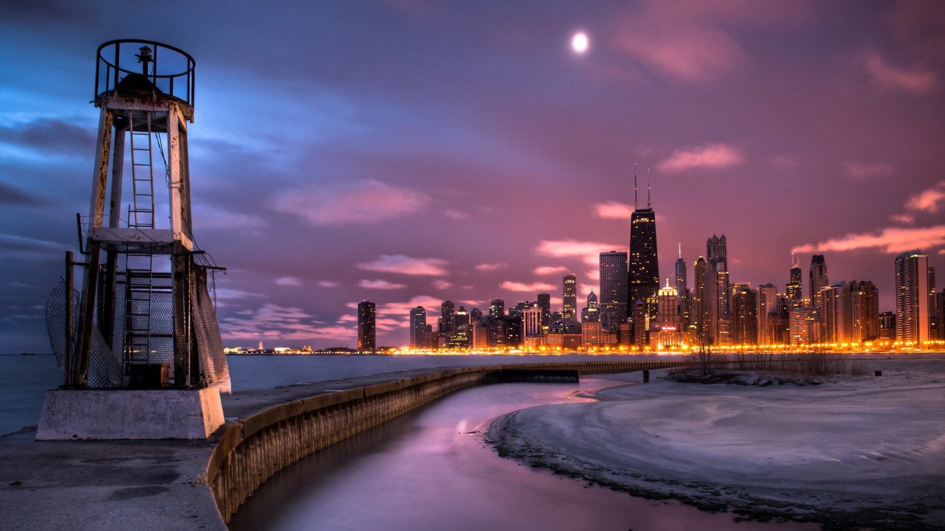 Обои Чикаго, городской район, сумрак, ночь, город в разрешении 1366x768