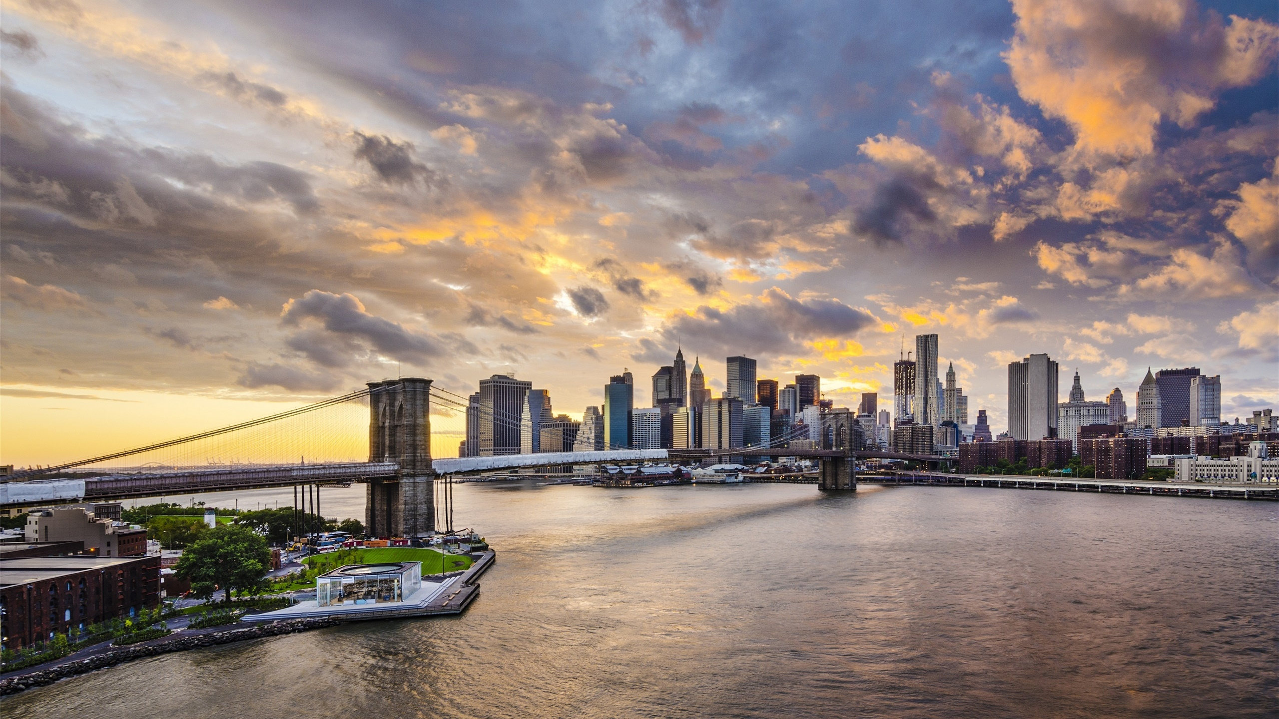 Обои Бруклинский мост, манхэттенский мост, городской пейзаж, город, линия горизонта в разрешении 2560x1440