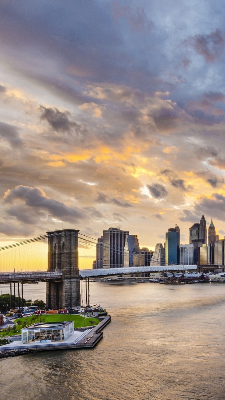 Обои Бруклинский мост, манхэттенский мост, городской пейзаж, город, линия горизонта в разрешении 720x1280