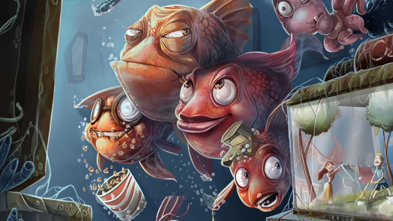 Обои иллюстрация, фикция, живопись, рыбы, Юмор в разрешении 1280x720