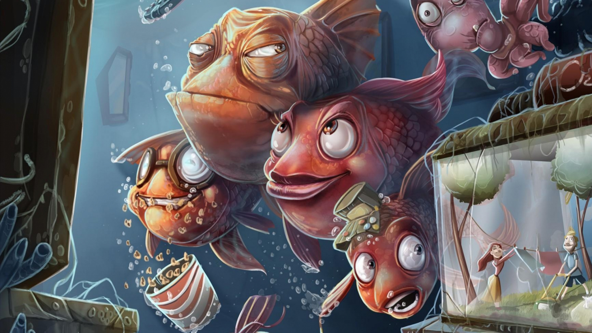 Обои иллюстрация, фикция, живопись, рыбы, Юмор в разрешении 1920x1080