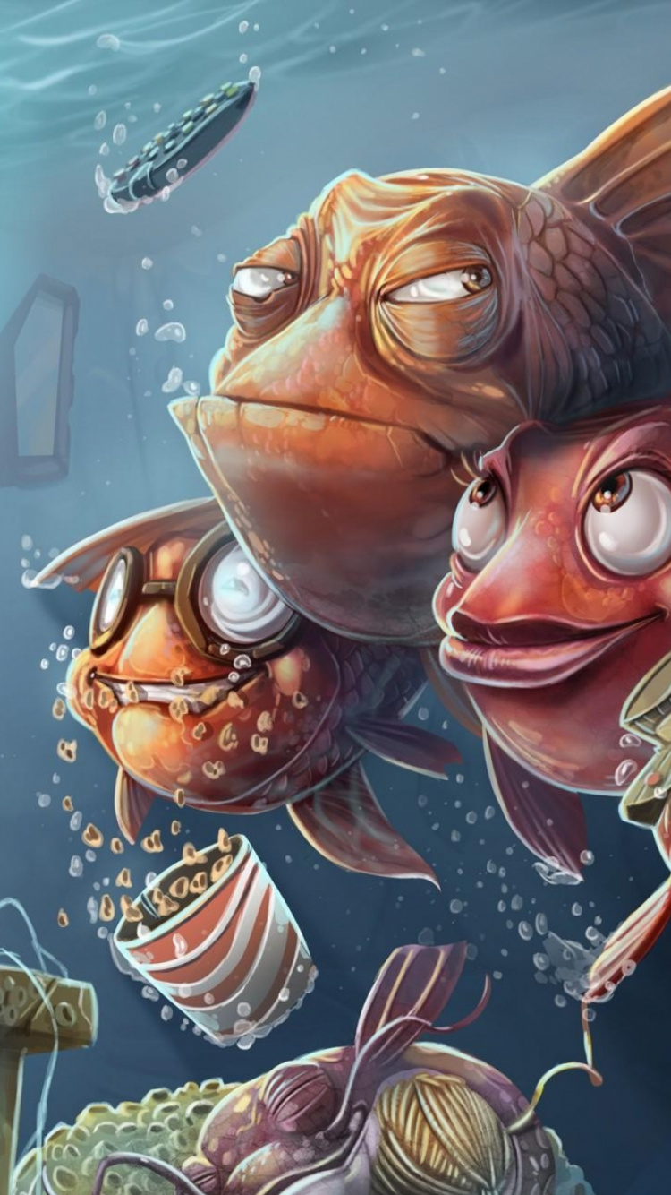 Обои иллюстрация, фикция, живопись, рыбы, Юмор в разрешении 750x1334