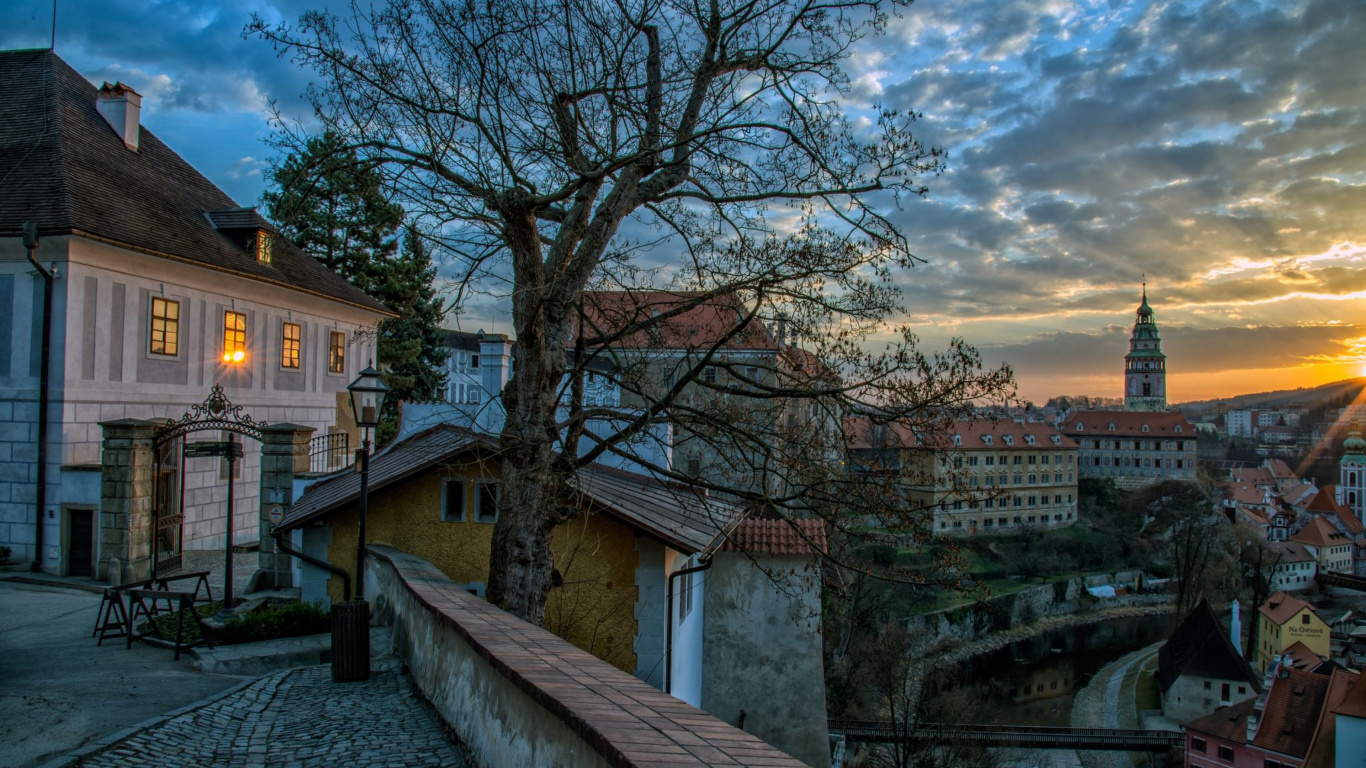 Обои городок, дерево, городской район, утро, вечер в разрешении 1366x768