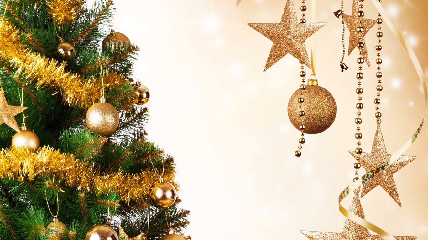 Обои Рождественский день, Новый год, елка, рождественский орнамент, Рождественские украшения в разрешении 1366x768
