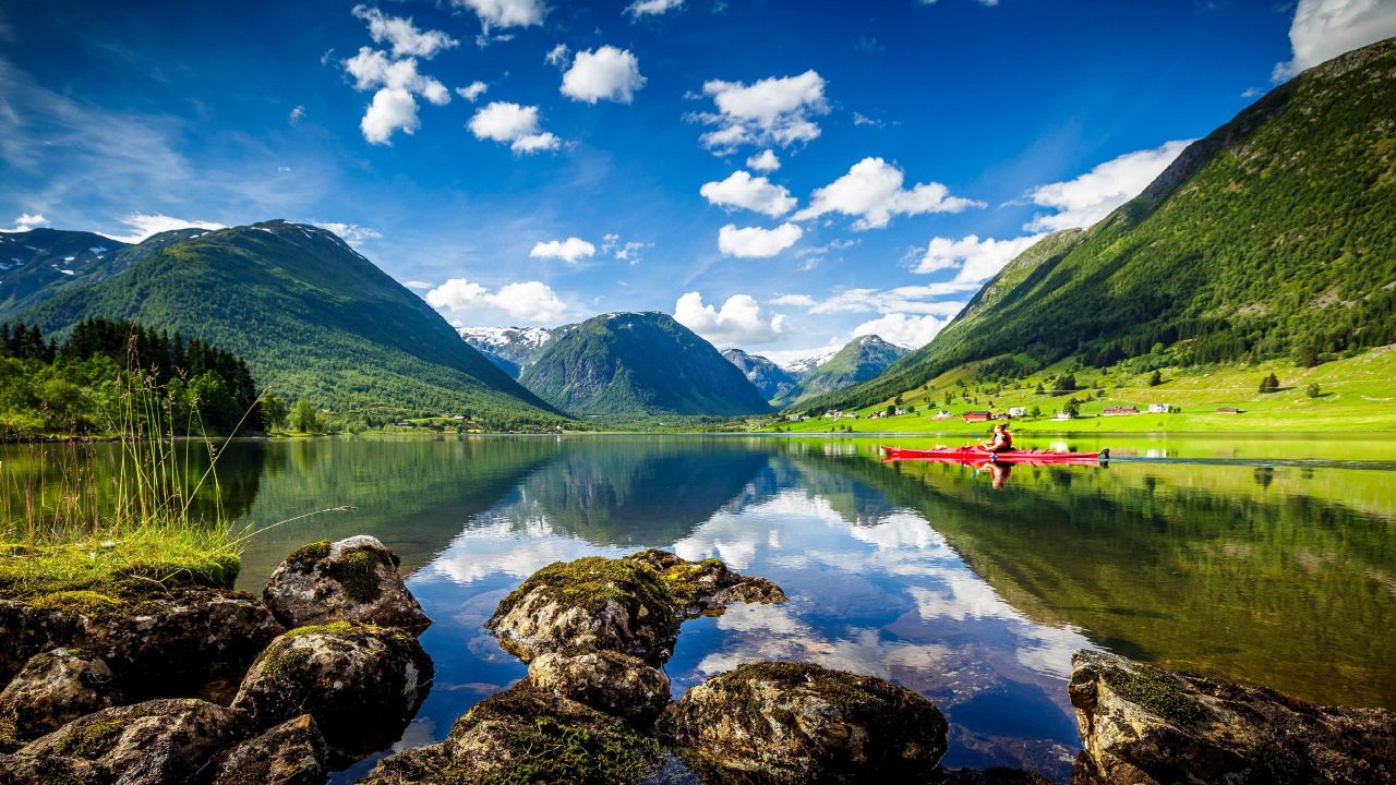Обои Согн-ог-Фьюране, фьорд, природа, отражение, гора в разрешении 1280x720