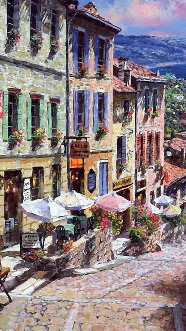 Обои Интерфлора, 3000 шт, соседство, городок, акварельные краски в разрешении 750x1334