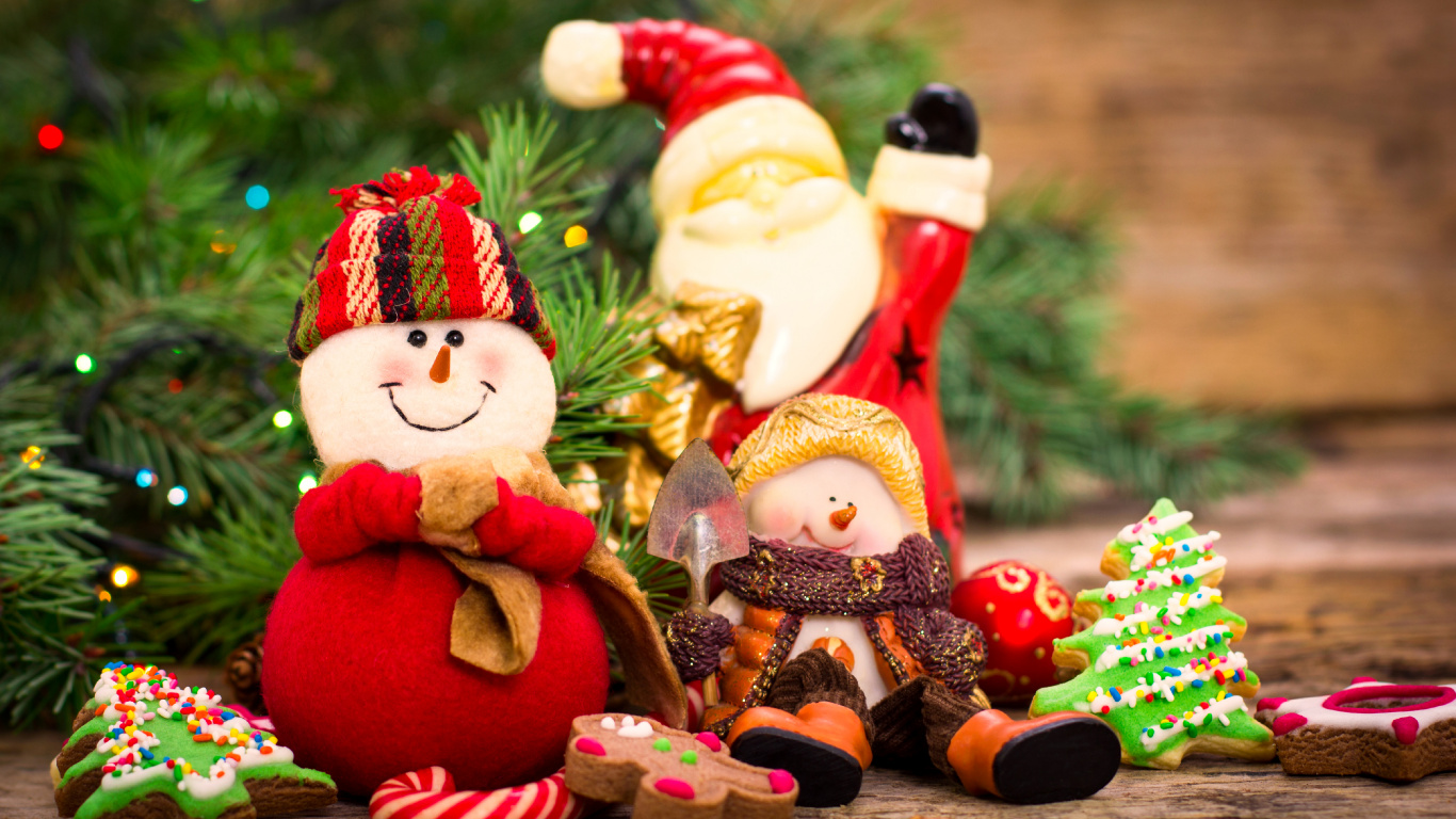 Обои Рождественский день, Санта-Клаус, Рождество, елка, рождественский орнамент в разрешении 1366x768