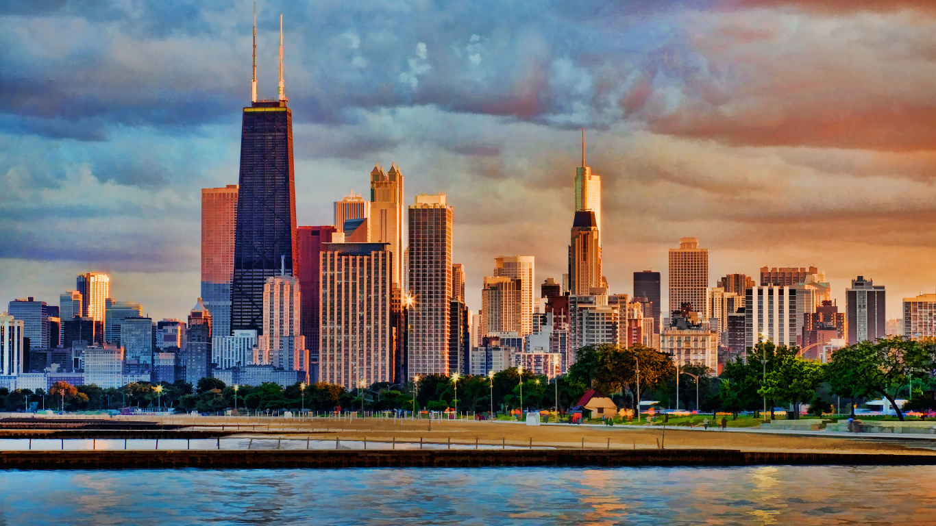 Обои город, городской пейзаж, линия горизонта, небоскреб, городской район в разрешении 1366x768