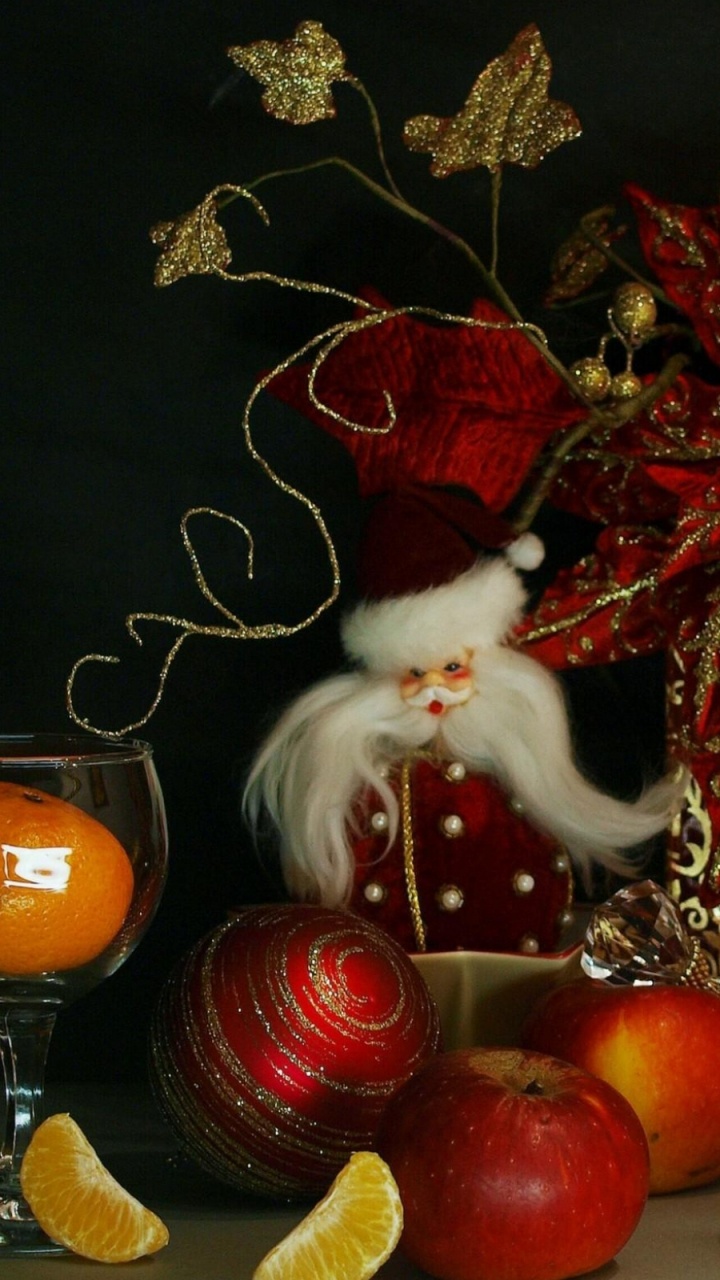 Обои Санта-Клаус, Новый год, живопись, фрукты, подарок в разрешении 720x1280