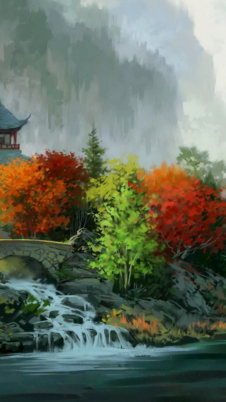 Обои пейзажная живопись, живопись, китайская живопись, акварельная живопись, арт в разрешении 750x1334