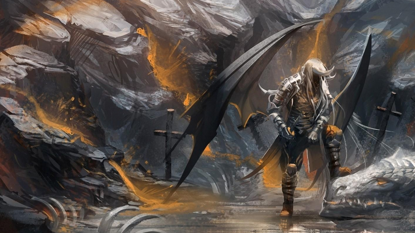 Обои дракон, мифология, живопись, битва, авантюра в разрешении 1366x768