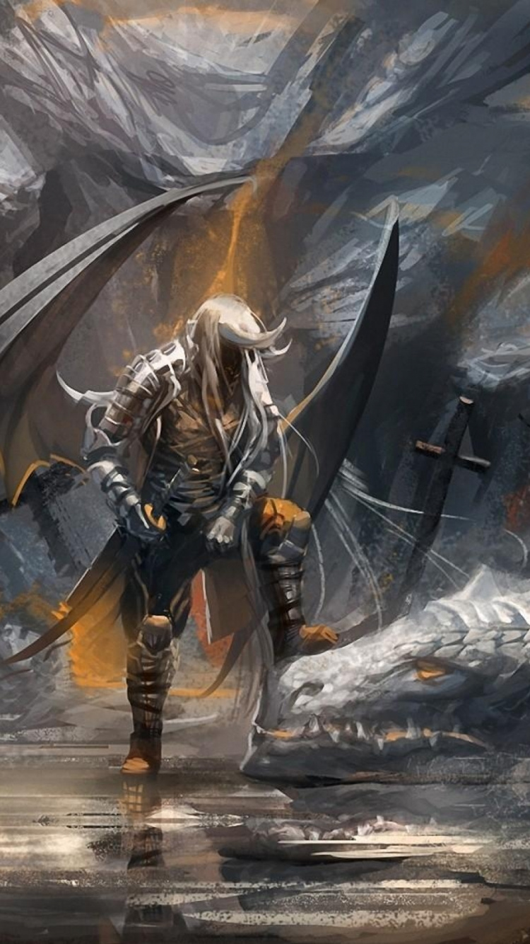 Обои дракон, мифология, живопись, битва, авантюра в разрешении 750x1334