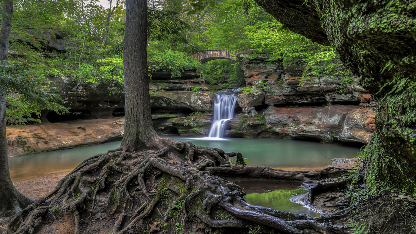 Обои старые пещеры трейлхед парковка-Ман, водопад, природа, водоем, вода в разрешении 1366x768