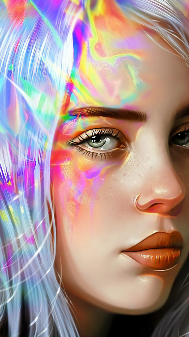 Обои Билли Eilish, губа, красочность, бровь, прическа в разрешении 750x1334