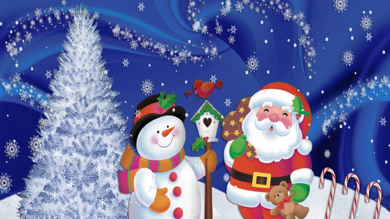Обои Санта-Клаус, Рождество, Снеговик, елка, Рождественские украшения в разрешении 1280x720