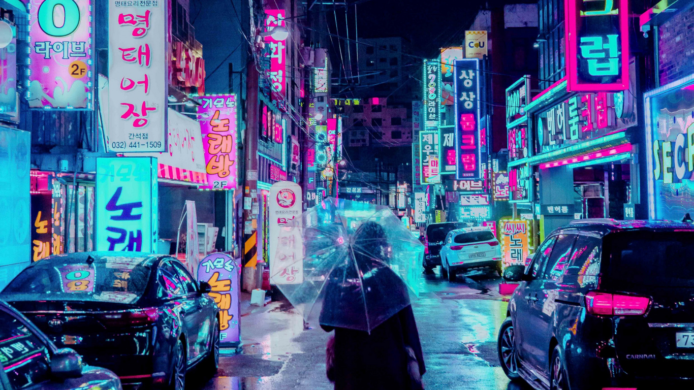 Обои неон, пурпур, улица, метрополия, ночь в разрешении 1366x768