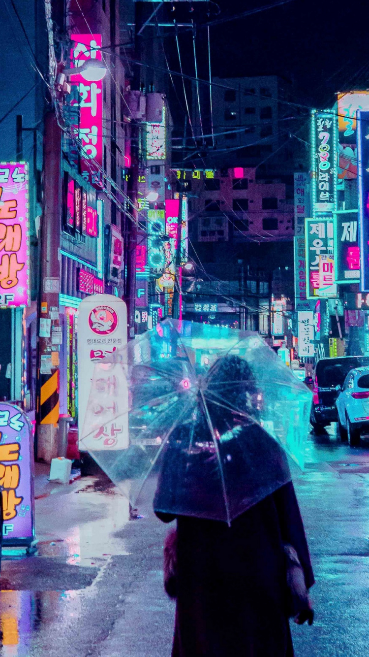 Обои неон, пурпур, улица, метрополия, ночь в разрешении 750x1334