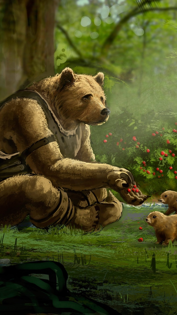 Обои бурый медведь, адаптация, наземные животные, арт, живая природа в разрешении 720x1280