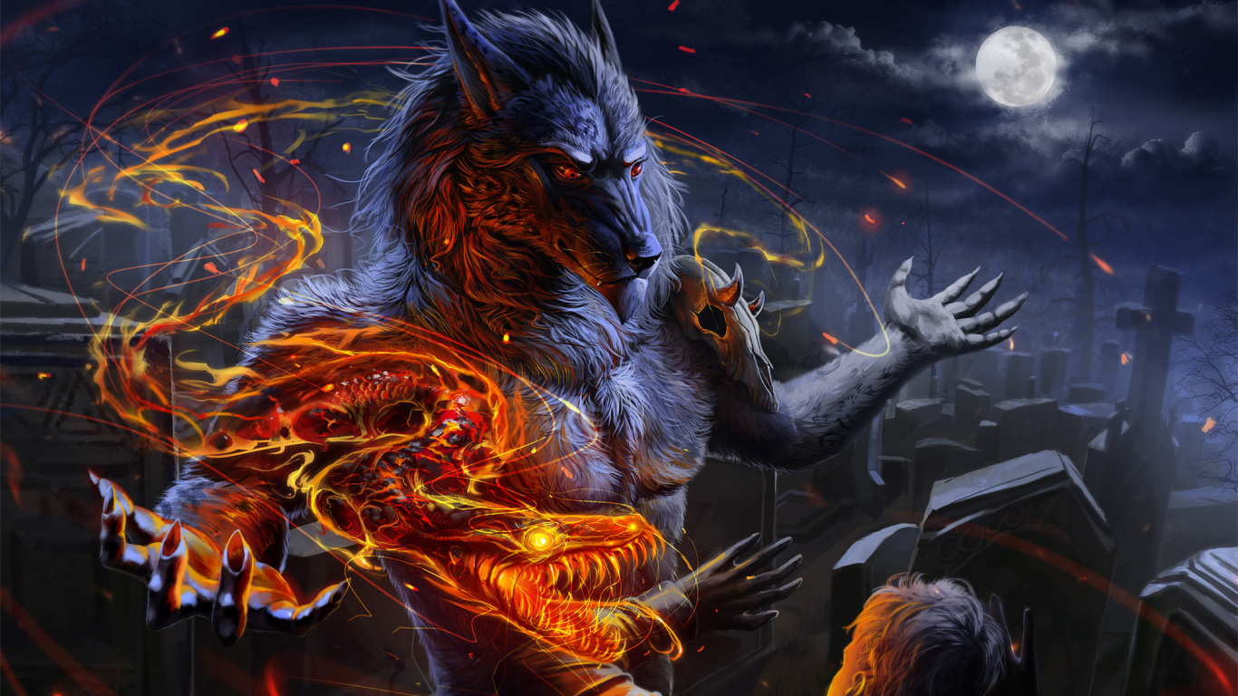 Обои волк, оборотень, цифровое искусство, артист, арт в разрешении 1366x768