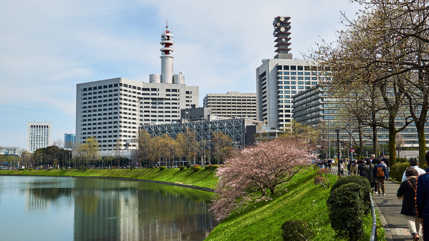 Обои город, дневное время, городской район, линия горизонта, небоскреб в разрешении 1366x768