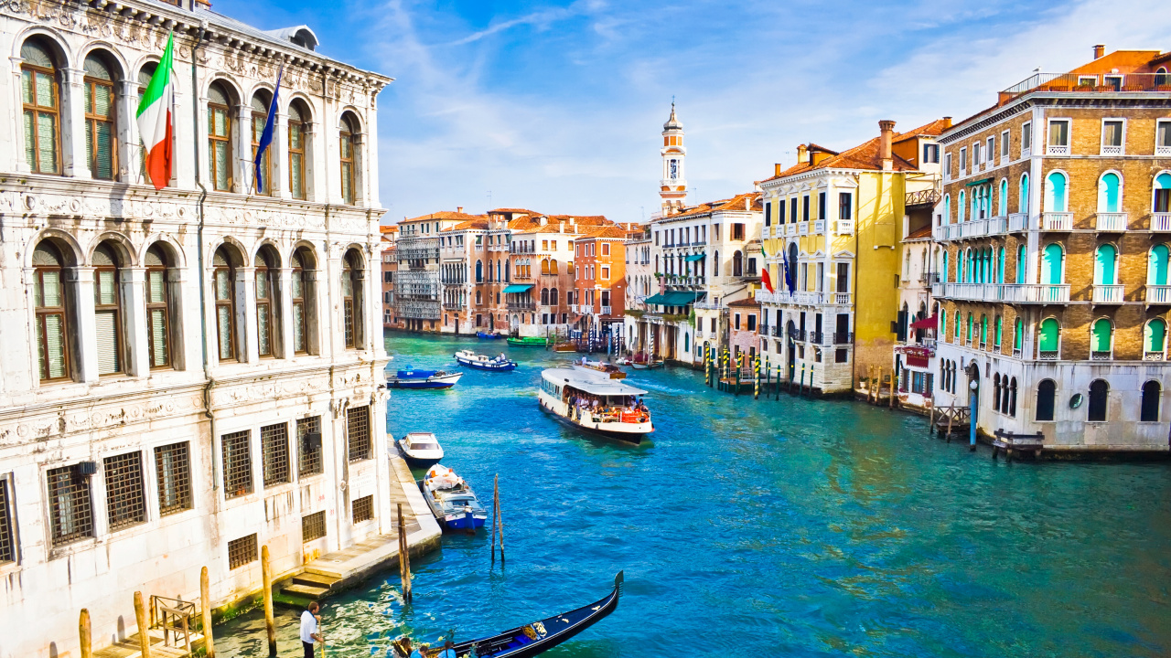 Обои Гранд-канал, мост Риальто, дворец Дожей, Базилика Сан-Марко, гондола в разрешении 1280x720